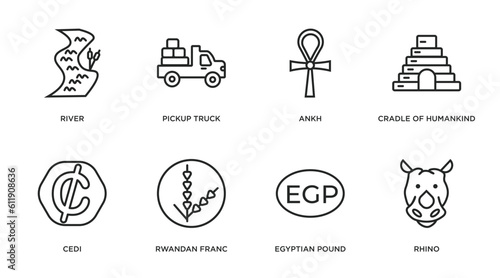 africa outline icons set. thin line icons such as river, pickup truck, ankh, cradle of humankind, cedi, rwandan franc, egyptian pound, rhino vector.