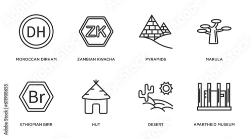 africa outline icons set. thin line icons such as moroccan dirham, zambian kwacha, pyramids, marula, ethiopian birr, hut, desert, apartheid museum vector.