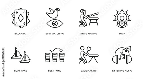 activity and hobbies outline icons set. thin line icons such as baccarat, bird watching, knife making, yoga, boat race, beer pong, lace making, listening music vector.