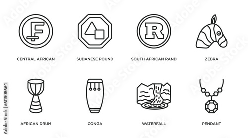 africa outline icons set. thin line icons such as central african franc, sudanese pound, south african rand, zebra, african drum, conga, waterfall, pendant vector.