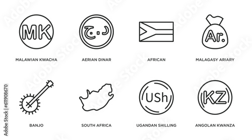 africa outline icons set. thin line icons such as malawian kwacha, aerian dinar, african, malagasy ariary, banjo, south africa, ugandan shilling, angolan kwanza vector. photo