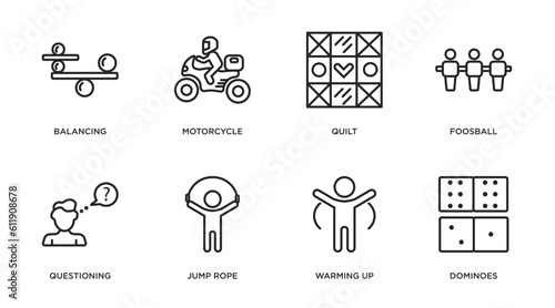 activity and hobbies outline icons set. thin line icons such as balancing, motorcycle, quilt, foosball, questioning, jump rope, warming up, dominoes vector.