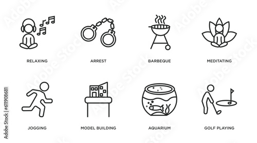 activity and hobbies outline icons set. thin line icons such as relaxing, arrest, barbeque, meditating, jogging, model building, aquarium, golf playing vector.