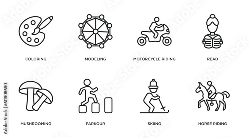 activity and hobbies outline icons set. thin line icons such as coloring, modeling, motorcycle riding, read, mushrooming, parkour, skiing, horse riding vector. © IconArt