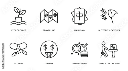 activity and hobbies outline icons set. thin line icons such as hydroponics, travelling, mahjong, butterfly catcher, vitamin, greedy, dish washing, insect collecting vector.