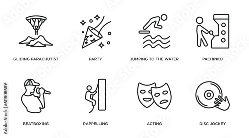 activity and hobbies outline icons set. thin line icons such as gliding parachutist, party, jumping to the water, pachinko, beatboxing, rappelling, acting, disc jockey vector.
