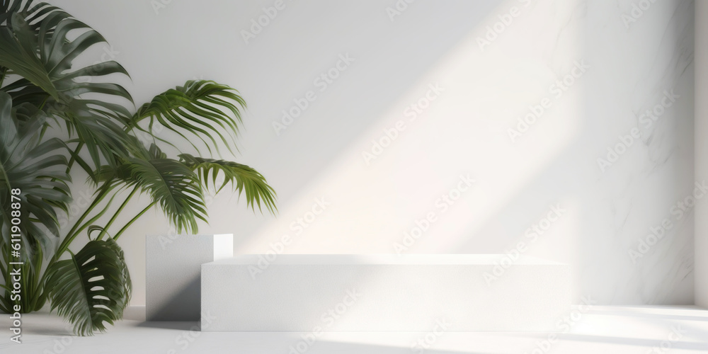White product display podium with nature palm leaves. Generative AI White product display podium with nature palm leaves. Generative AI