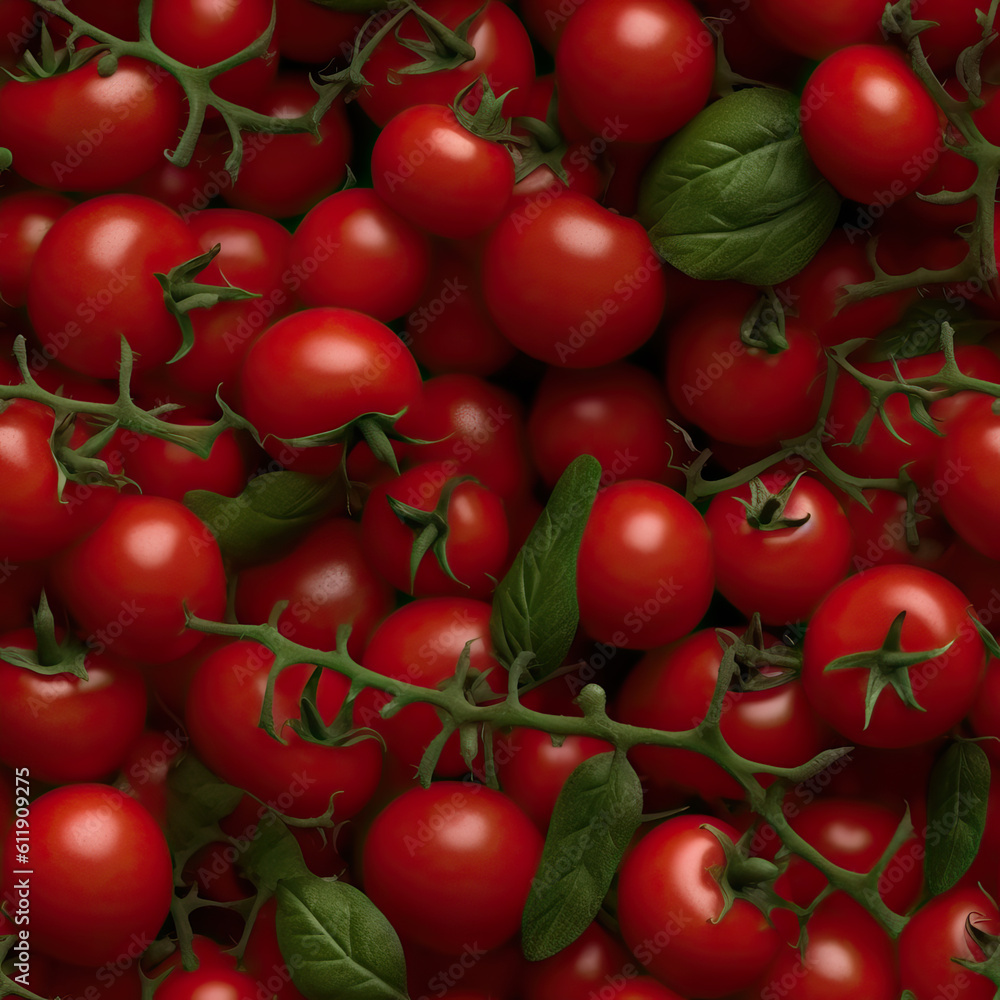 Background of cherry tomatoes with twigs close-up.