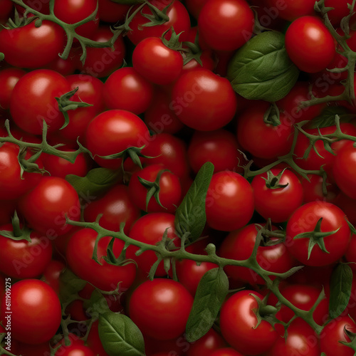 Background of cherry tomatoes with twigs close-up.