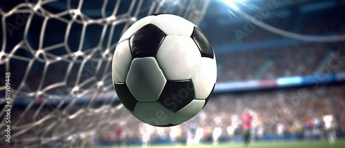 Soccer ball flew into net of the goal. Soccer ball bends the net inside soccer stadium, Generative AI © Onchira