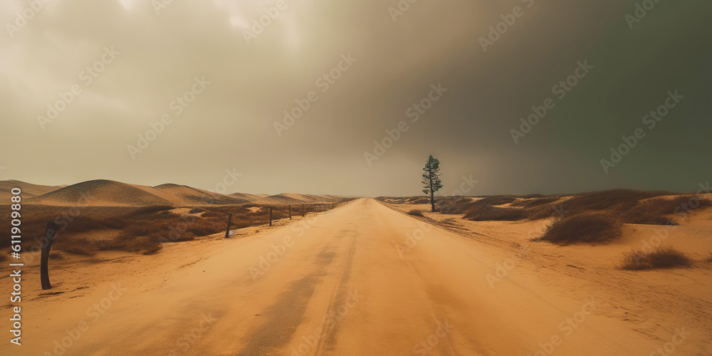 Minimalistic empty highway in desert. Travel concept. Generative AI Minimalistic empty highway in desert. Travel concept. Generative AI