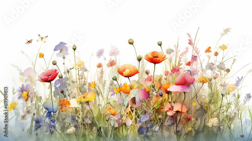 multicolored wildflowers watercolor field drawing summer. generative ai