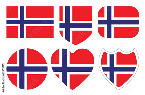 Norway flag in design shape set. Flags of Norway in design shape set.
