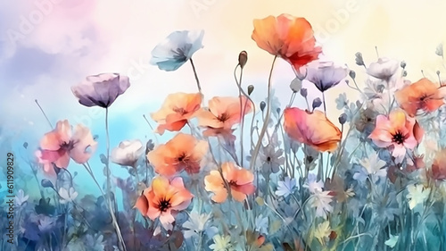 Wallpaper Mural multicolored wildflowers watercolor field drawing summer. generative ai Torontodigital.ca