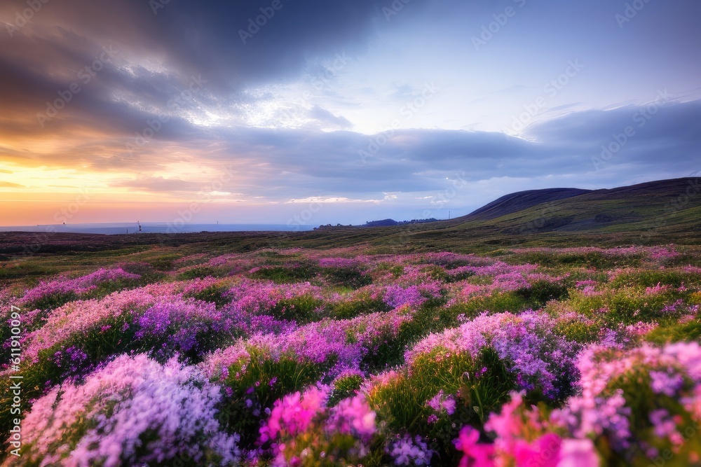 Fototapeta premium lavender field at sunset, generative ai