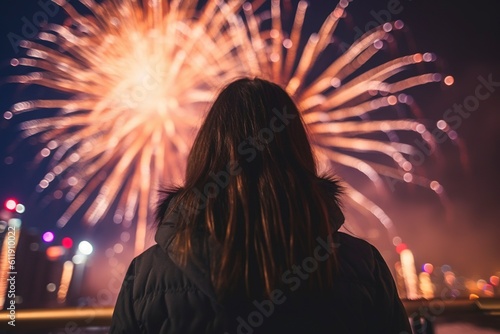 Woman enjoying the fireworks display a night of celebration. Ai generated.