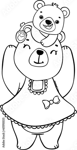Cute happy mama teddy bear and baby bear mother's day cartoon animal outline hand drawing