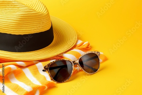 Summer background, glasses and sunhat on warm yellow background. Ai generated.