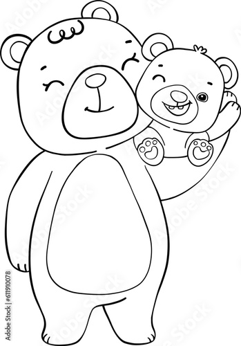 Cute happy mama teddy bear and baby bear mother's day cartoon animal outline hand drawing