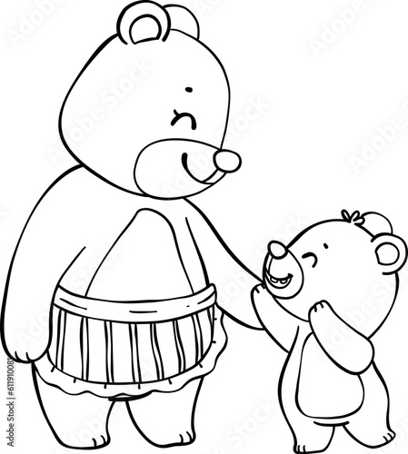Cute happy mama teddy bear and baby bear mother's day cartoon animal outline hand drawing