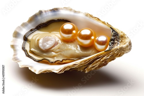 One open, live oyster, with pearls, isolated on white background. Ai generated.