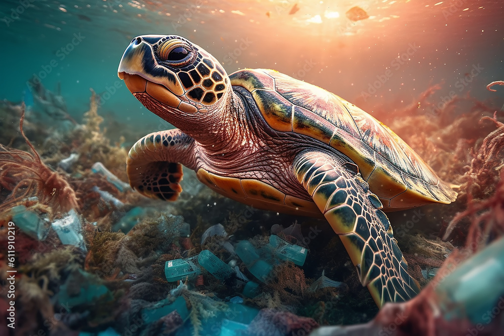 sea turtle underwater plastic bag, ocean pollution. Generative AI