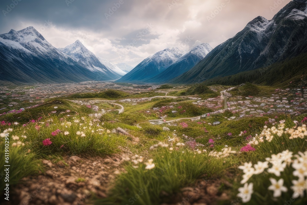 landscape with flowers and mountain, generative ai