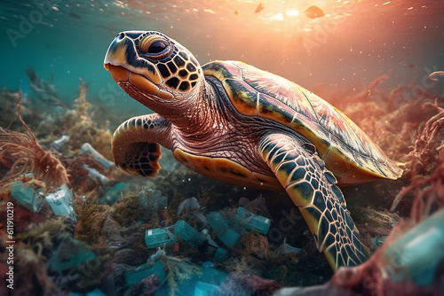 sea turtle underwater plastic bag, ocean pollution. Generative AI © kichigin19