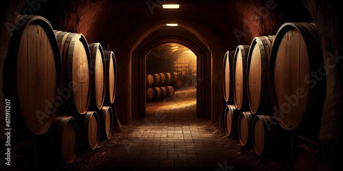 Cellar with barrels for storage and aging of wine. Generative AI