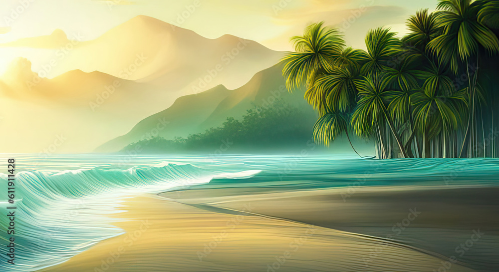 Beautiful tropical beach with waves, sand and palm trees and lost of copy space generative ai illustration
