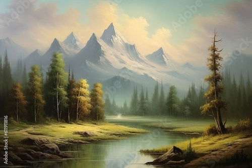 Fairy-tale painted landscape with picturesque mountains and a lake.