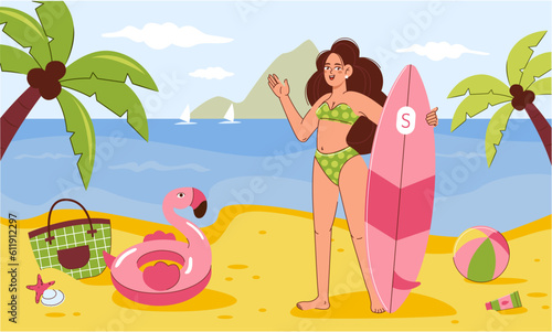 Beach scene. A happy girl is standing on the sand with surfing, there are beach accessories nearby. Summer holidays at the sea. Vector illustration