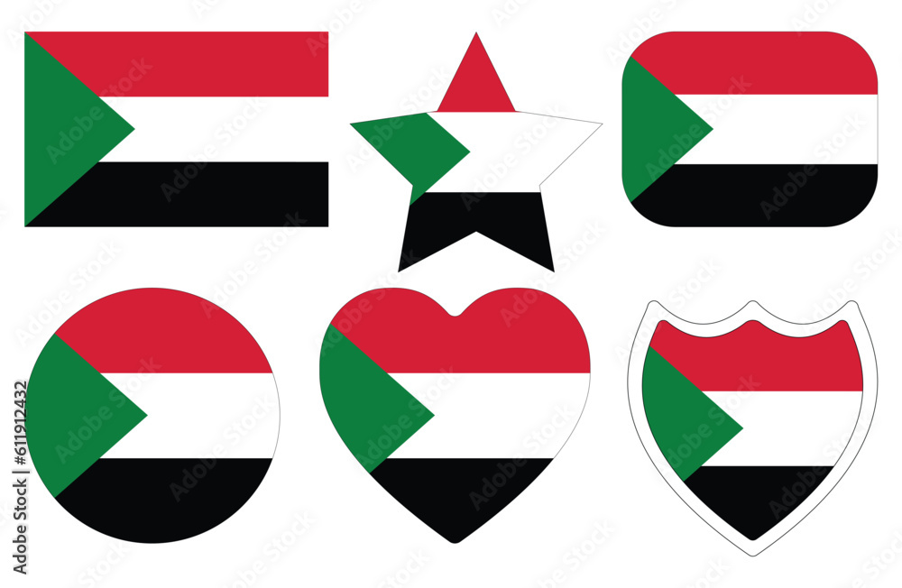 Sudan Flag in design shape set. Flag of Sudan in design shape set. Sudan Flag in design shape set. Flag of Sudan in design shape set.