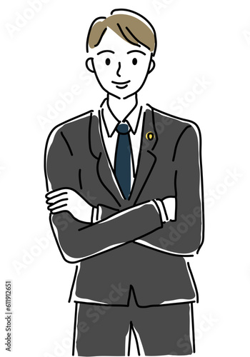 腕組みをする男性弁護士のシンプル線画イラスト