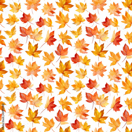 Seamless pattern with many autumn maple leaves on white background in watercolor style. Generative AI.