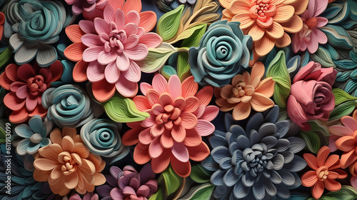 3d multicolored flowers three-dimensional painting background. flower ornament generative AI