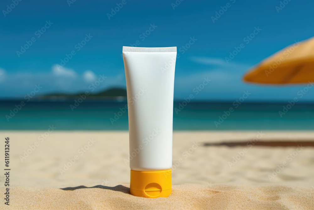 White tube with face cream or body lotion on sea background. Generative AI
