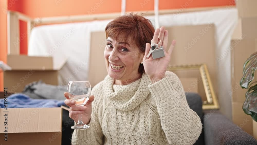 Mature hispanic woman smiling confident holding new house keys drinking wine at new home Mature hispanic woman smiling confident holding new house keys drinking wine at new home