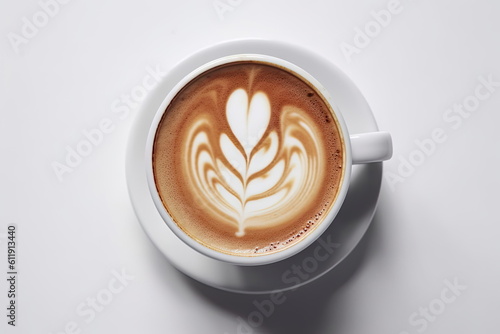 top view latte art coffee on white background