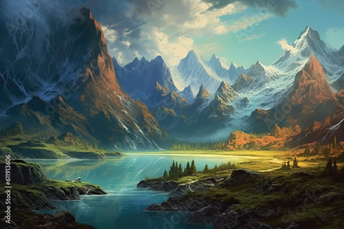 Fairy-tale painted landscape with picturesque mountains and a lake.