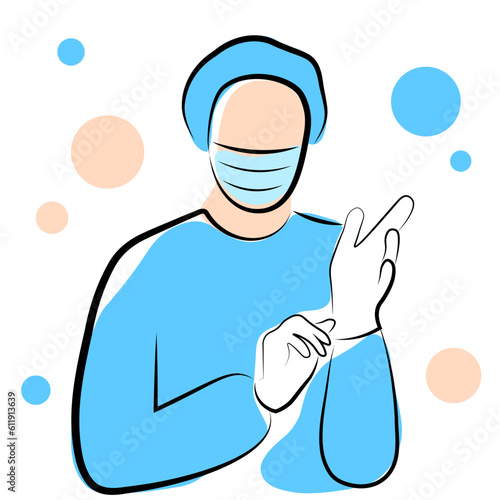 A surgeon in a blue uniform puts on a glove. Vector illustration in doodle style