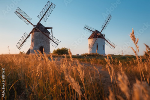 Windmills in a wheat field on a sunny day.