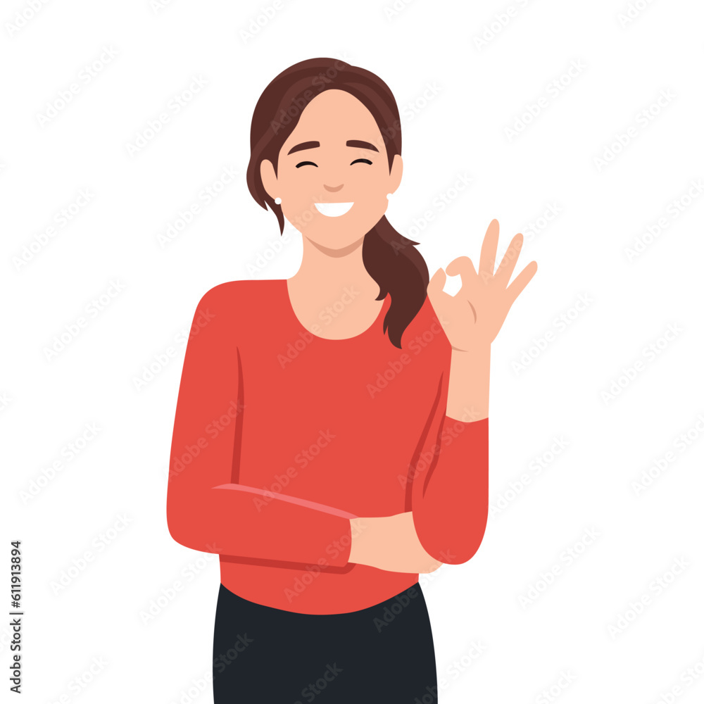 Beautiful young woman showing OK sign. Flat vector illustration isolated on white background Beautiful young woman showing OK sign. Flat vector illustration isolated on white background