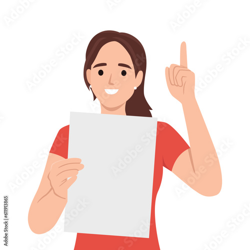 Smiling young woman hold blank poster card point up with finger. Happy girl with empty mockup placard show upward with finger. Flat vector illustration isolated on white background