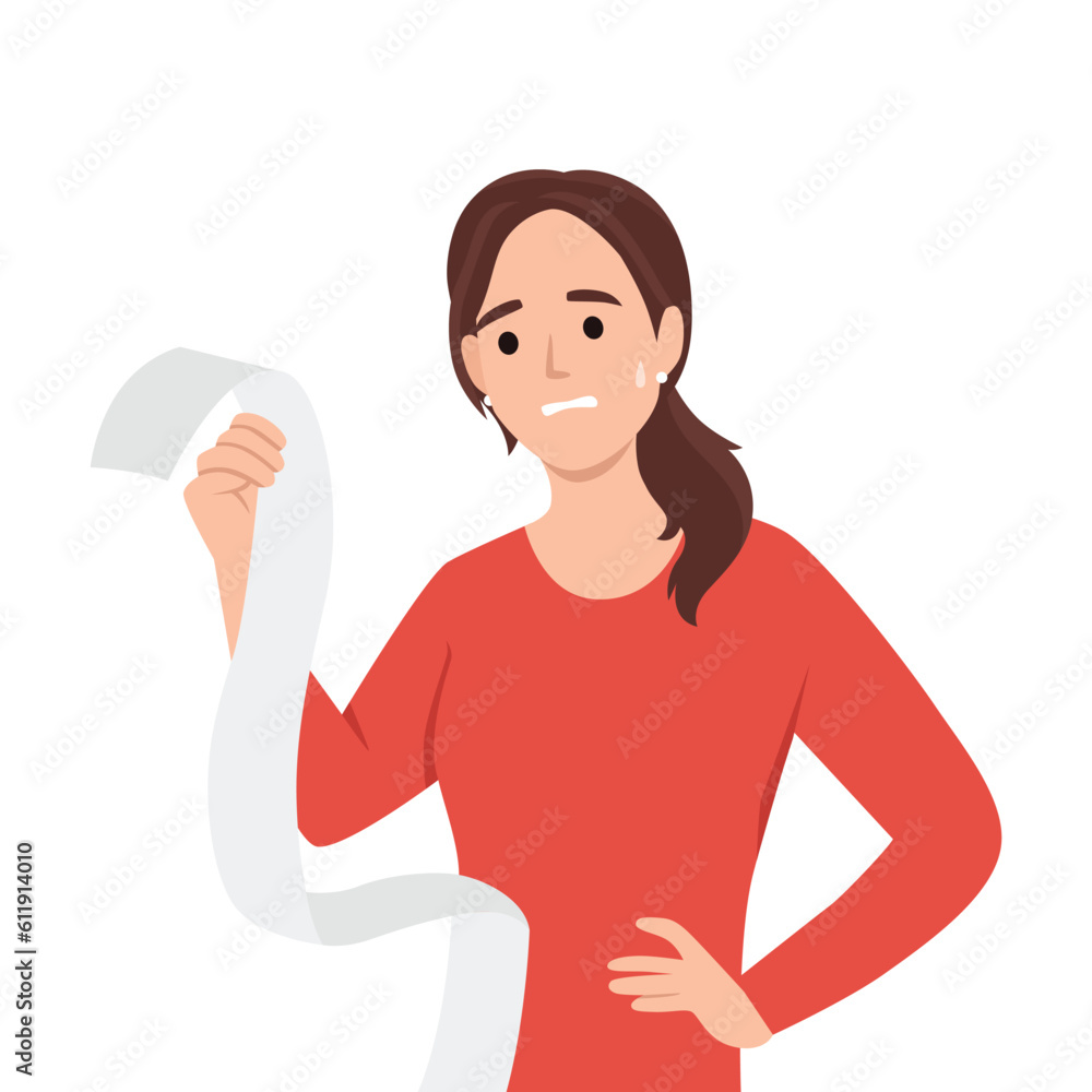 Financial theme with weary and shocked woman holding perusing the very long bill. Financial problem concept with woman feeling shocked from her overspending. Flat vector illustration isolated on white Financial theme with weary and shocked woman holding perusing the very long bill. Financial problem concept with woman feeling shocked from her overspending. Flat vector illustration isolated on white