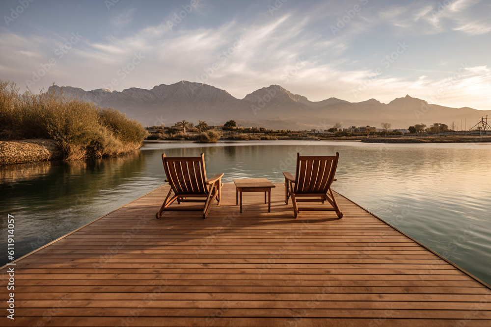 wooden chairs lake view