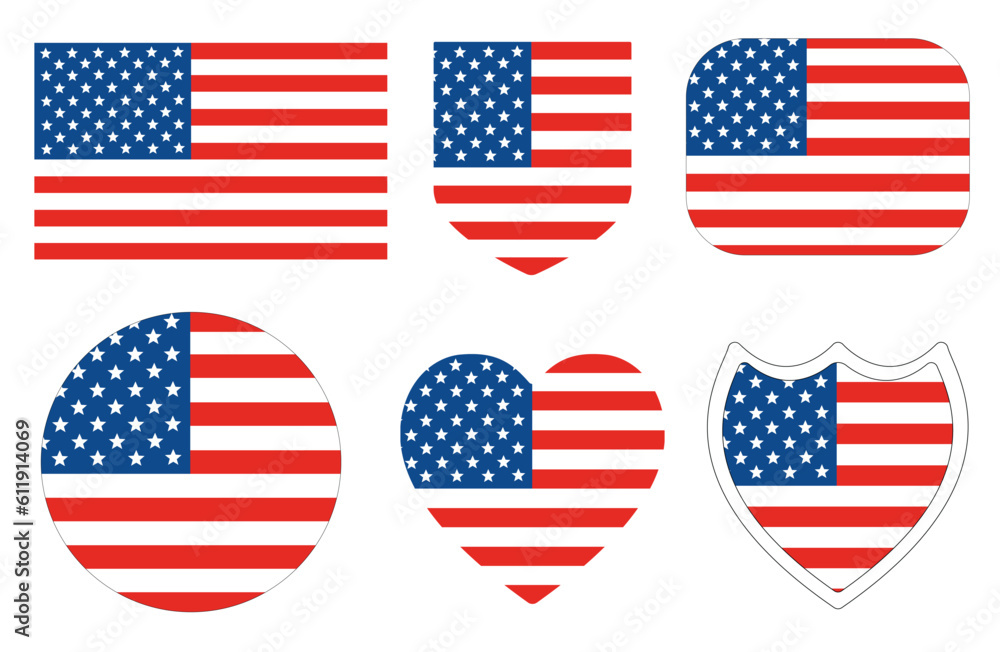 USA flag in design shape set. United State of America flag in design shape set. USA flag in design shape set. United State of America flag in design shape set.