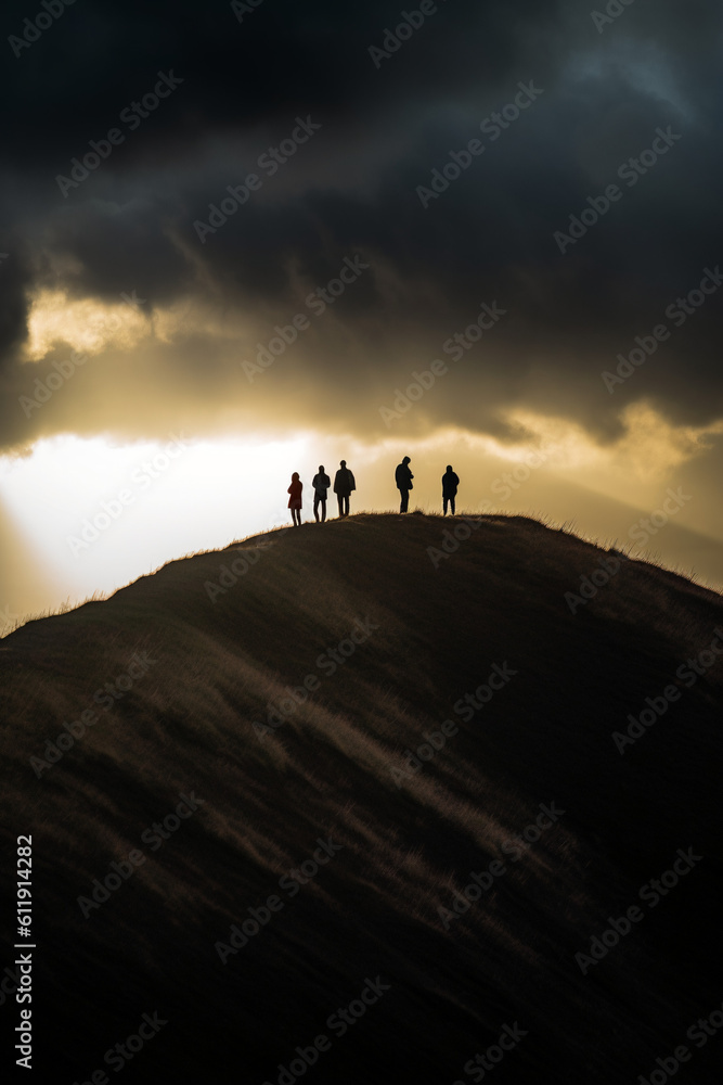 silhouettea of people standing on a hill