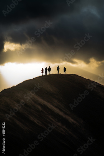silhouettea of people standing on a hill