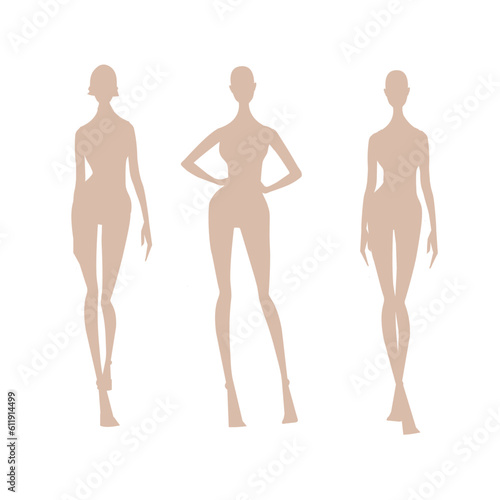 Full body female beautiful model walking pose with slim fit body suit. 9Headed proportation fashion sketch. Elegance vintage restro style design. Silhouette dark and light skintone. Fashion sket EPS, 